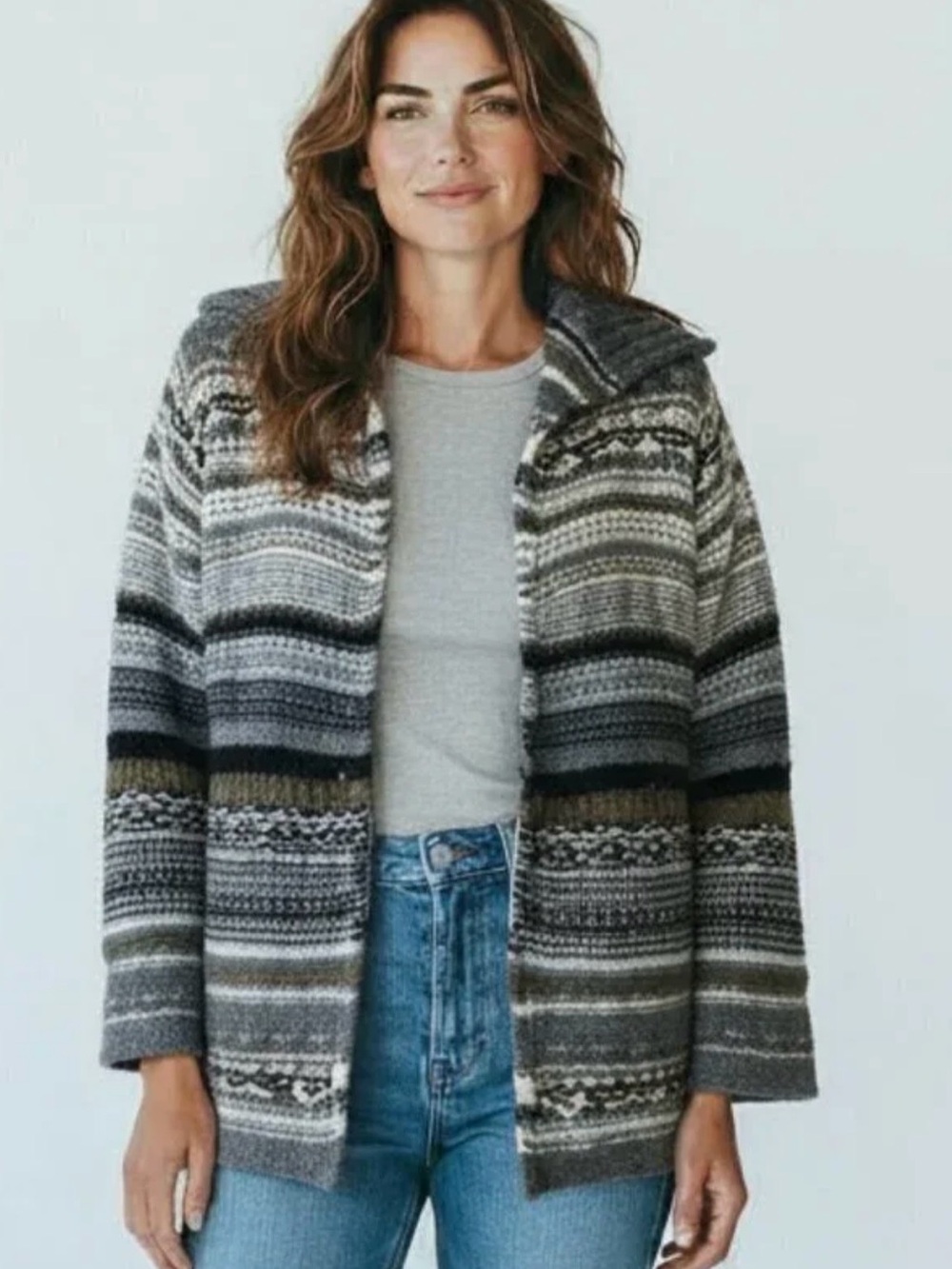 J. Jill Gray, Black and Olive Striped Open-Front Wool Blend Cardigan size S